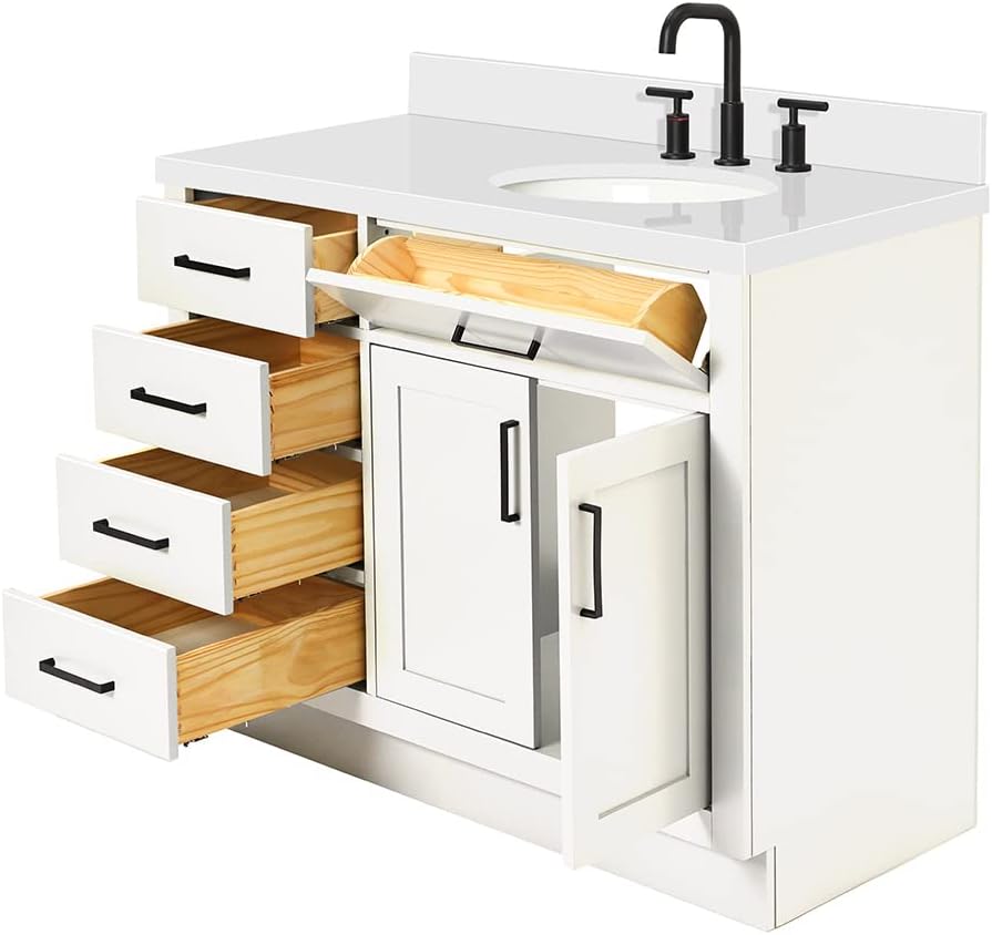 DKB Isabella 42-Inch White Bathroom Vanity with Sink, 1.5-Inch Pure White Quartz Countertop, Solid Wood Frame, Right Oval Undermount Sink, 2 Soft Closing Doors, 5 Dovetail Drawers, Toe Kick
