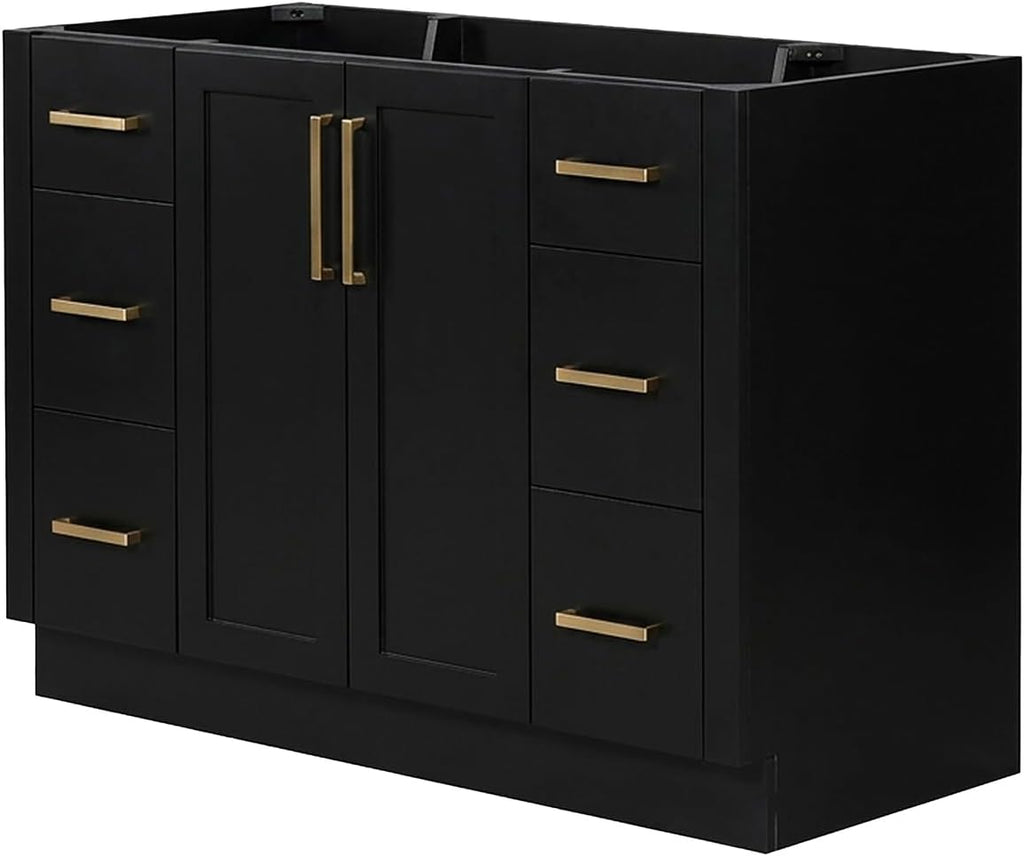 ARIEL Loren 48-inch Bathroom Vanity with Sink,Solid Wood, 1.5-inch Pure White Quartz Countertop, Single Rectangular Porcelain Sink, 2 Soft Closing Doors, 7 Dovetail Drawers, Black