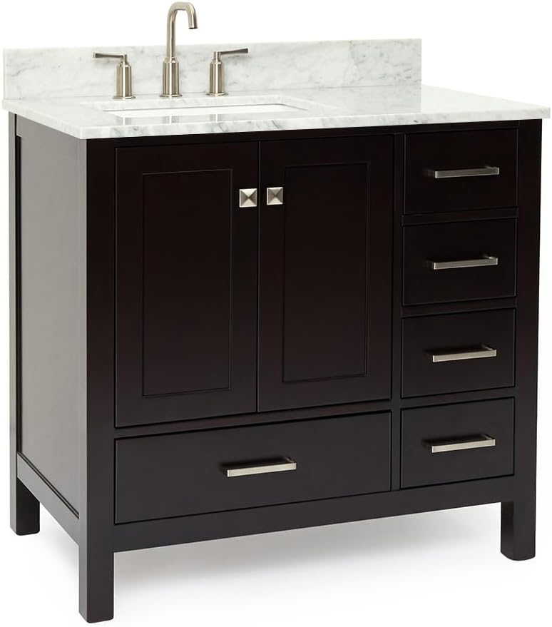 ARIEL Cambridge 36-inch Bathroom Vanity with Sink,Solid Wood, 0.75-inch Italian Carrara Marble Countertop, Single Rectangular Porcelain Sink, 2 Soft Closing Doors, 5 Dovetail Drawers, Espresso