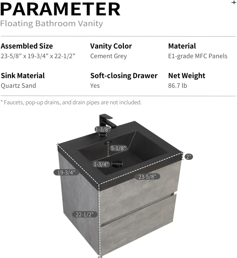 24' Floating Bathroom Vanity with Sink, Modern Wall-Mounted Bathroom Storage Vanity Cabinet with Black Quartz Sand Top Basin and Soft Close Drawers