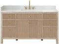 Pemberly Row 60' Single Wood Bathroom Vanity, Natural Oak Finish, White Engineered Stone Top, Fluted Doors, 7 Drawers, Ceramic Undermount Sink, Contemporary Style Without Mirror