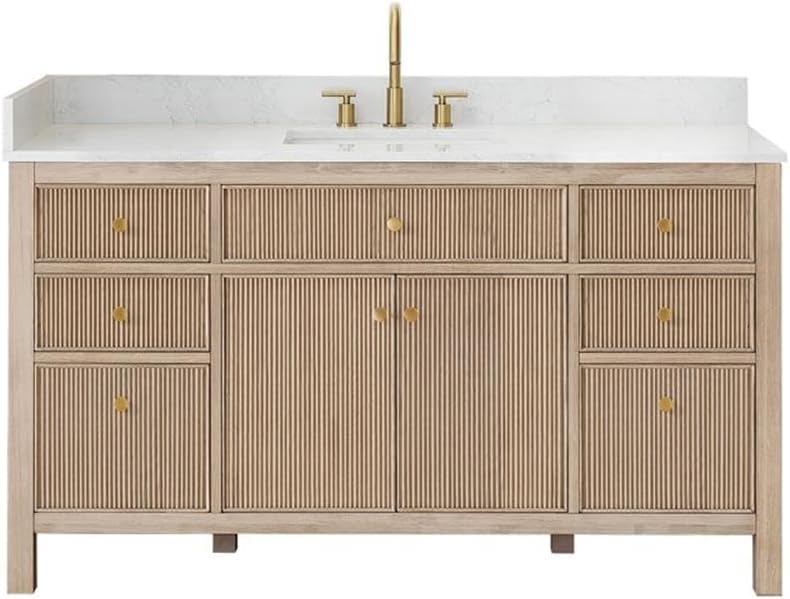 Pemberly Row 60' Single Wood Bathroom Vanity, Natural Oak Finish, White Engineered Stone Top, Fluted Doors, 7 Drawers, Ceramic Undermount Sink, Contemporary Style Without Mirror