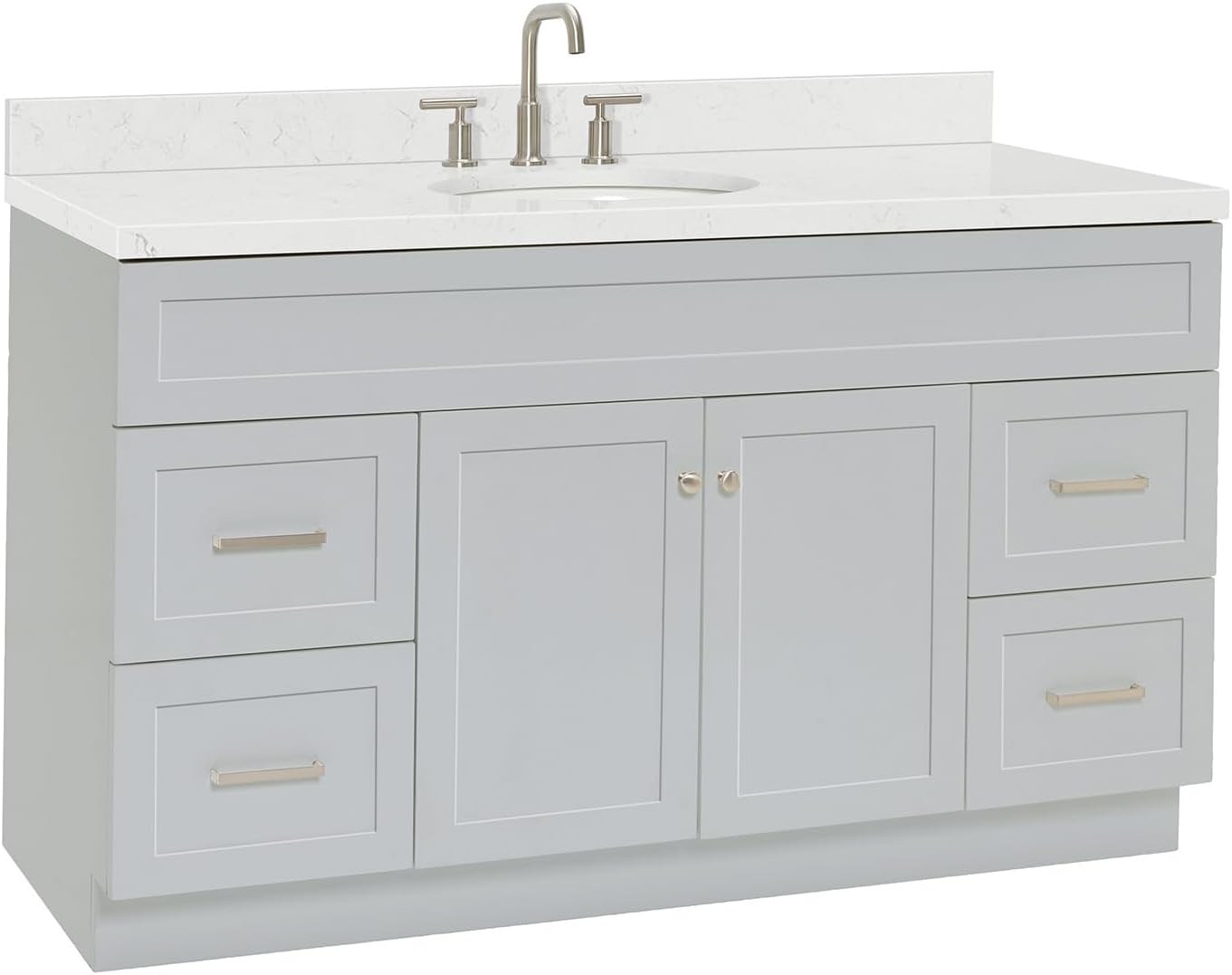 ARIEL Hamlet 60-inch Bathroom Vanity with Sink,Solid Wood, 1.5-inch Carrara White Quartz Countertop & Backsplash, Single Oval Porcelain Sink, 2 Soft Closing Doors, 4 Dovetail Drawers, Grey