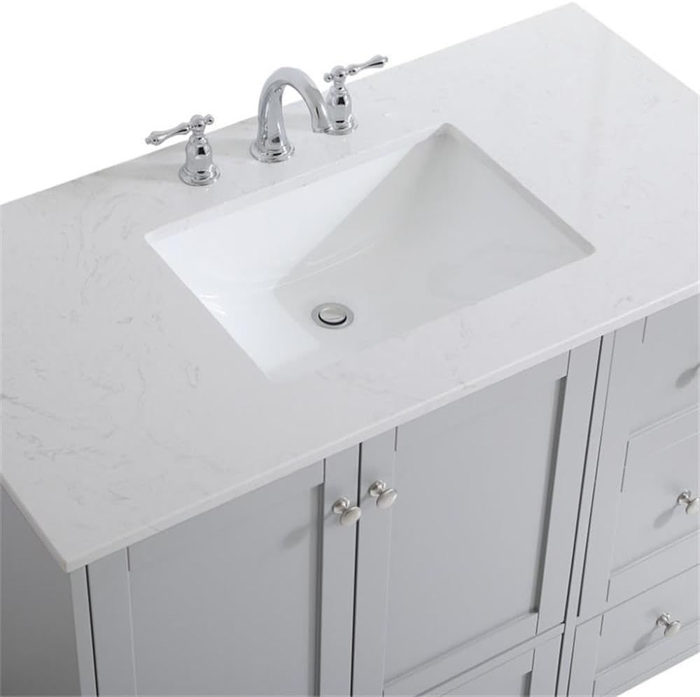 Pemberly Row 42' Traditional Bathroom Vanity, Gray Finish, Quartz Top with Porcelain Undermount Sink, MDF and Rubberwood Construction, Brushed Nickel Hardware, Freestanding Design for Bathroom Use