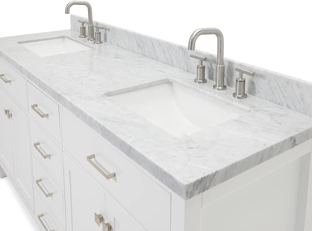 DKB Alenza 72 Inch Bathroom Vanity Double Sink — White Bathroom Vanity with Sink, 1.5' Edge Italian Carrara Marble Countertop & Backsplash, 4 Soft-Close Doors, 4 Dovetail Drawers