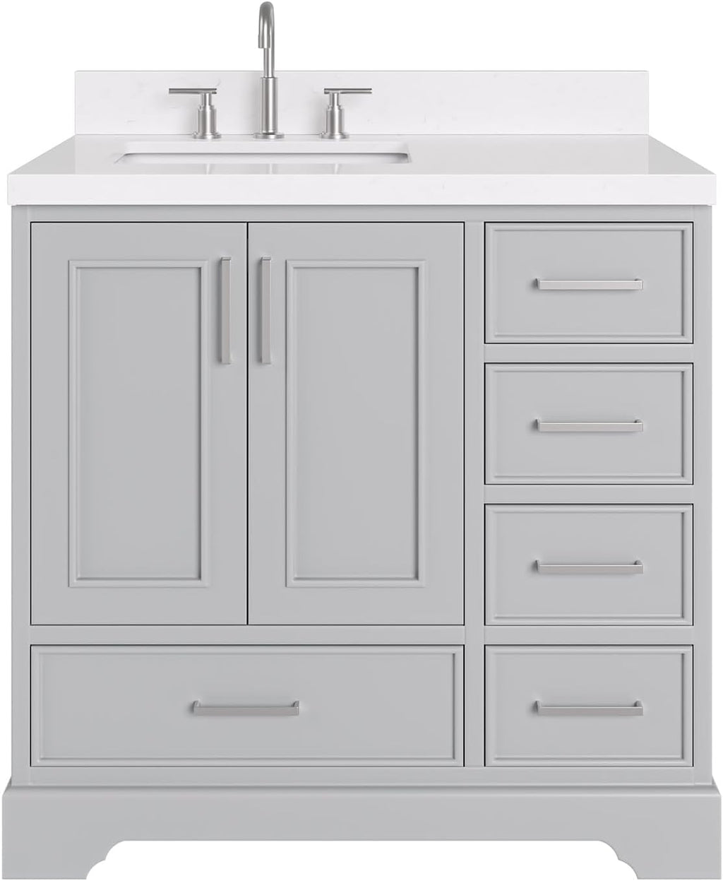 ARIEL Stafford 36-inch Bathroom Vanity with Sink,Solid Wood, 1.5-inch Carrara White Quartz Countertop & Backsplash, Single Rectangular Porcelain Sink, 2 Soft Closing Doors, 5 Dovetail Drawers, Grey