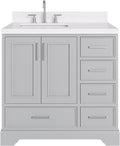 ARIEL Stafford 36-inch Bathroom Vanity with Sink,Solid Wood, 1.5-inch Carrara White Quartz Countertop & Backsplash, Single Rectangular Porcelain Sink, 2 Soft Closing Doors, 5 Dovetail Drawers, Grey
