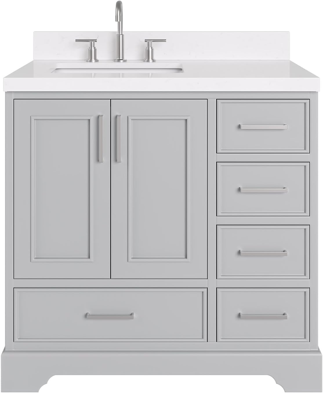 ARIEL Stafford 36-inch Bathroom Vanity with Sink,Solid Wood, 1.5-inch Carrara White Quartz Countertop & Backsplash, Single Rectangular Porcelain Sink, 2 Soft Closing Doors, 5 Dovetail Drawers, Grey
