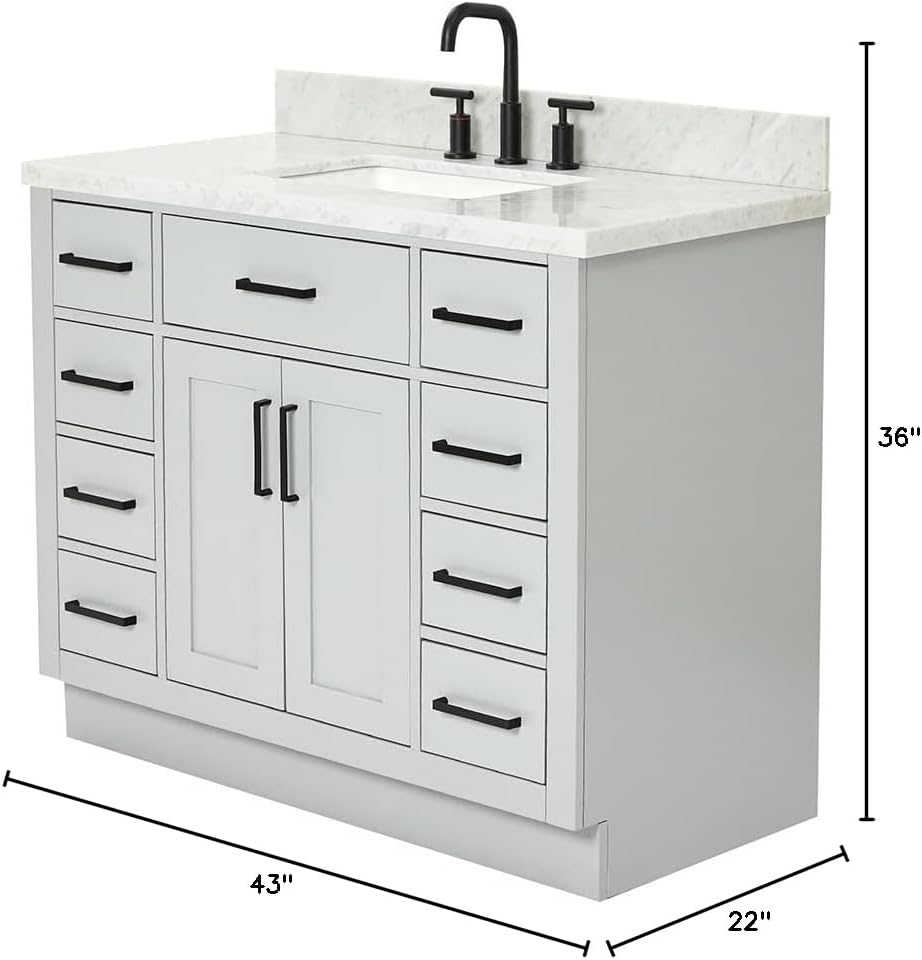 ARIEL Hepburn 42' Gray Single Bathroom Vanity with Sink, 1.5' Edge Italian Carrara Marble Top, Solid Wood Frame, Rectangular Undermount Sink, 2 Soft Closing Doors, 9 Dovetail Drawers