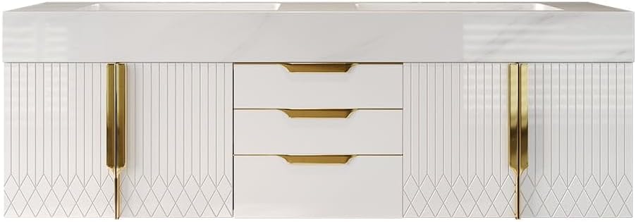 KunMai 59' White Floating Bathroom Vanity with Faux Marble Top, Double Ceramic Vessel Sinks, Wall-Mounted Design, 3 Drawers for Storage, Modern Bathroom Cabinet with Gold Hardware Finish