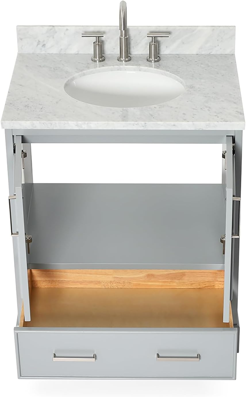 ARIEL Stafford 30-inch Bathroom Vanity with Sink,Solid Wood, 0.75-inch Italian Carrara Marble Countertop & Backsplash, Single Oval Porcelain Sink, 2 Soft Closing Doors, 1 Dovetail Drawers, Grey