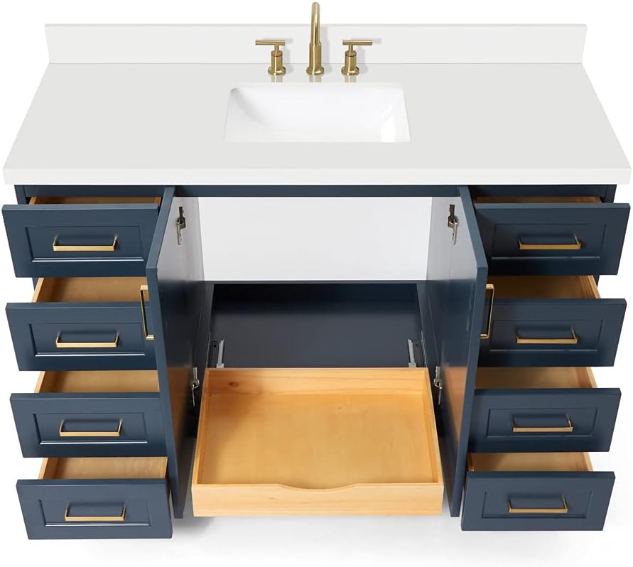 ARIEL Taylor 54-inch Bathroom Vanity with Sink,Solid Wood, 1.5-inch Pure White Quartz Countertop, Single Rectangular Porcelain Sink, 2 Soft Closing Doors, 9 Dovetail Drawers, Midnight Blue