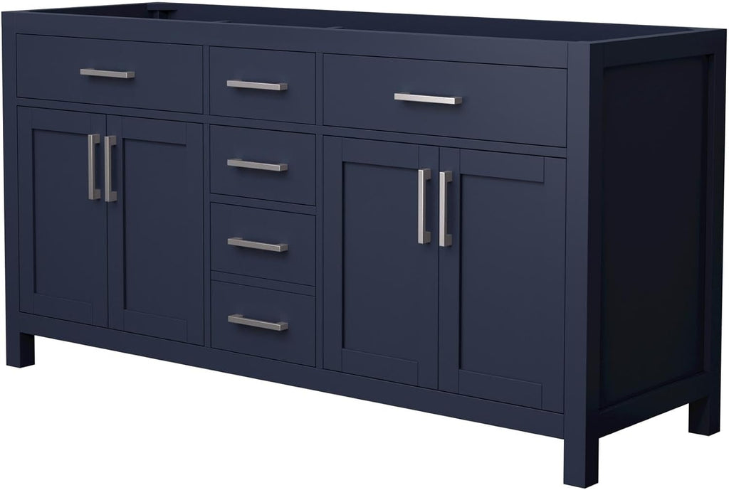 Wyndham Collection Beckett 66 Inch Double Bathroom Vanity in Dark Blue, No Countertop, No Sinks, Brushed Nickel Trim