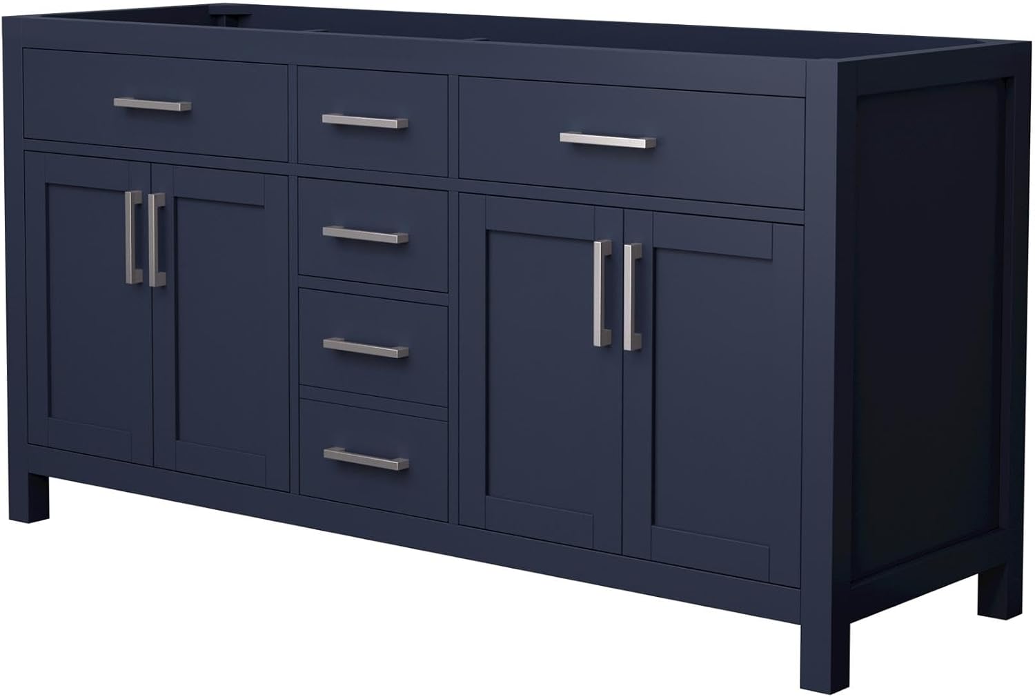Wyndham Collection Beckett 66 Inch Double Bathroom Vanity in Dark Blue, No Countertop, No Sinks, Brushed Nickel Trim