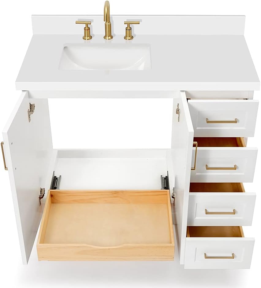 ARIEL Taylor 42-inch Bathroom Vanity with Sink,Solid Wood, 1.5-inch Pure White Quartz Countertop, Single Rectangular Porcelain Sink, Soft Closing Doors, Dovetail Drawers, White