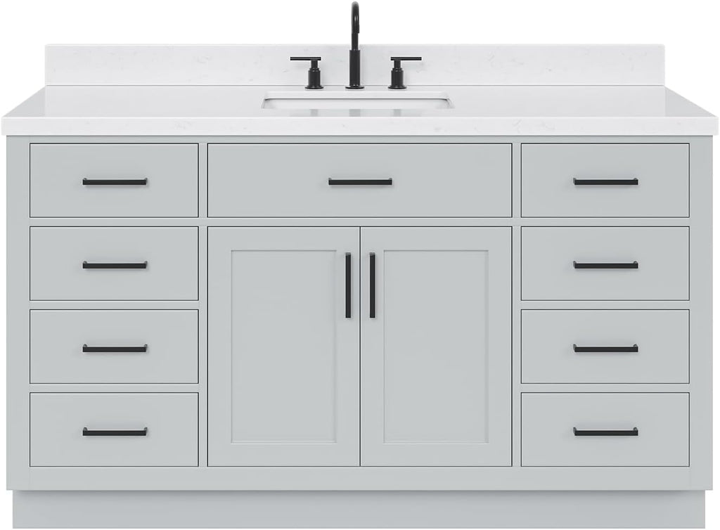 ARIEL Hepburn 48-inch Bathroom Vanity with Sink,Solid Wood, 1.5-inch Carrara White Quartz Countertop & Backsplash, Single Rectangular Porcelain Sink, 2 Soft Closing Doors, 9 Dovetail Drawers, Grey