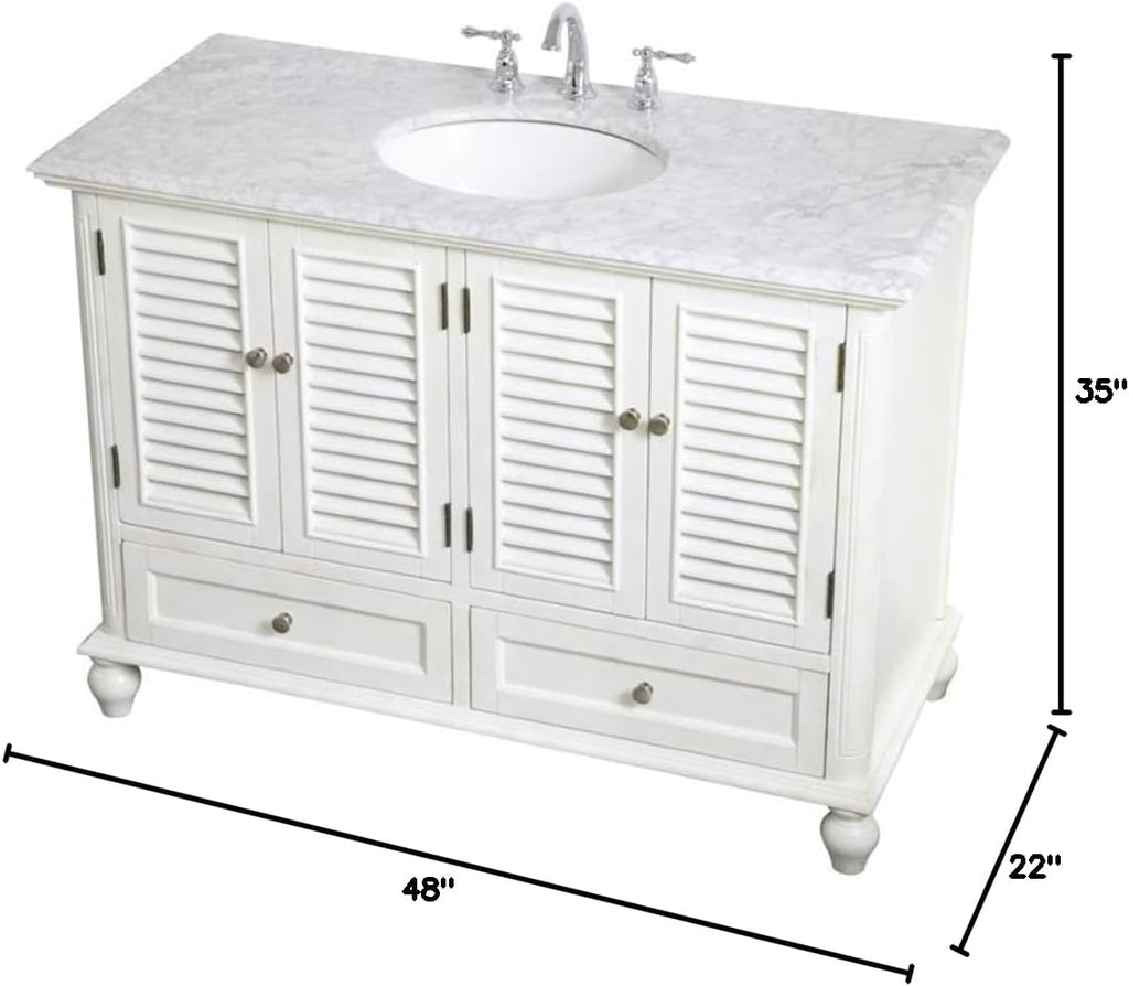Pemberly Row 48' Bathroom Vanity, Antique White Finish, Solid Wood Base with Carrara Marble Top, Porcelain Undermount Sink, 4 Cabinet Doors and 2 Soft-Close Drawers, Free-Standing for Bathroom Use