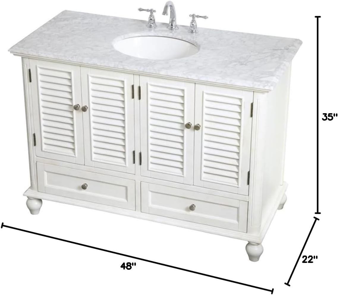 Pemberly Row 48' Bathroom Vanity, Antique White Finish, Solid Wood Base with Carrara Marble Top, Porcelain Undermount Sink, 4 Cabinet Doors and 2 Soft-Close Drawers, Free-Standing for Bathroom Use