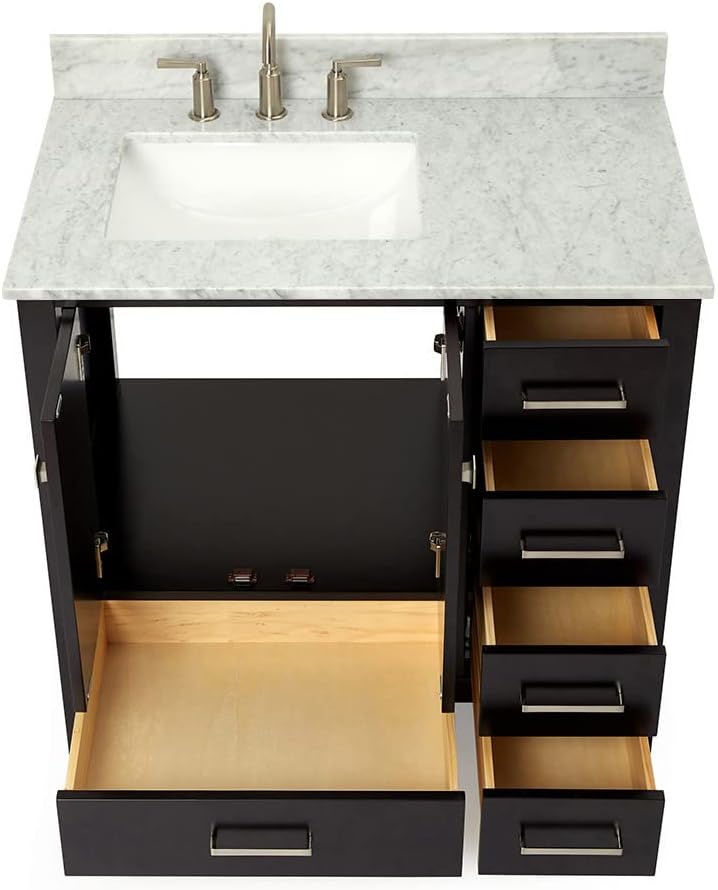 ARIEL Cambridge 36-inch Bathroom Vanity with Sink,Solid Wood, 0.75-inch Italian Carrara Marble Countertop, Single Rectangular Porcelain Sink, 2 Soft Closing Doors, 5 Dovetail Drawers, Espresso
