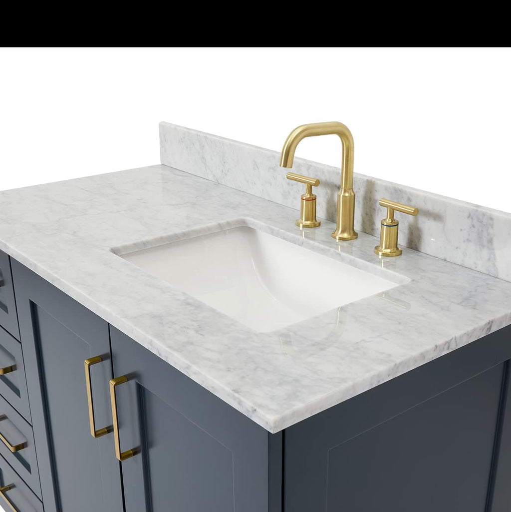 ARIEL Taylor 42-inch Bathroom Vanity with Sink,Solid Wood, 0.75-inch Italian Carrara Marble Countertop, Single Rectangular Porcelain Sink, 2 Soft Closing Doors, 5 Dovetail Drawers, Midnight Blue