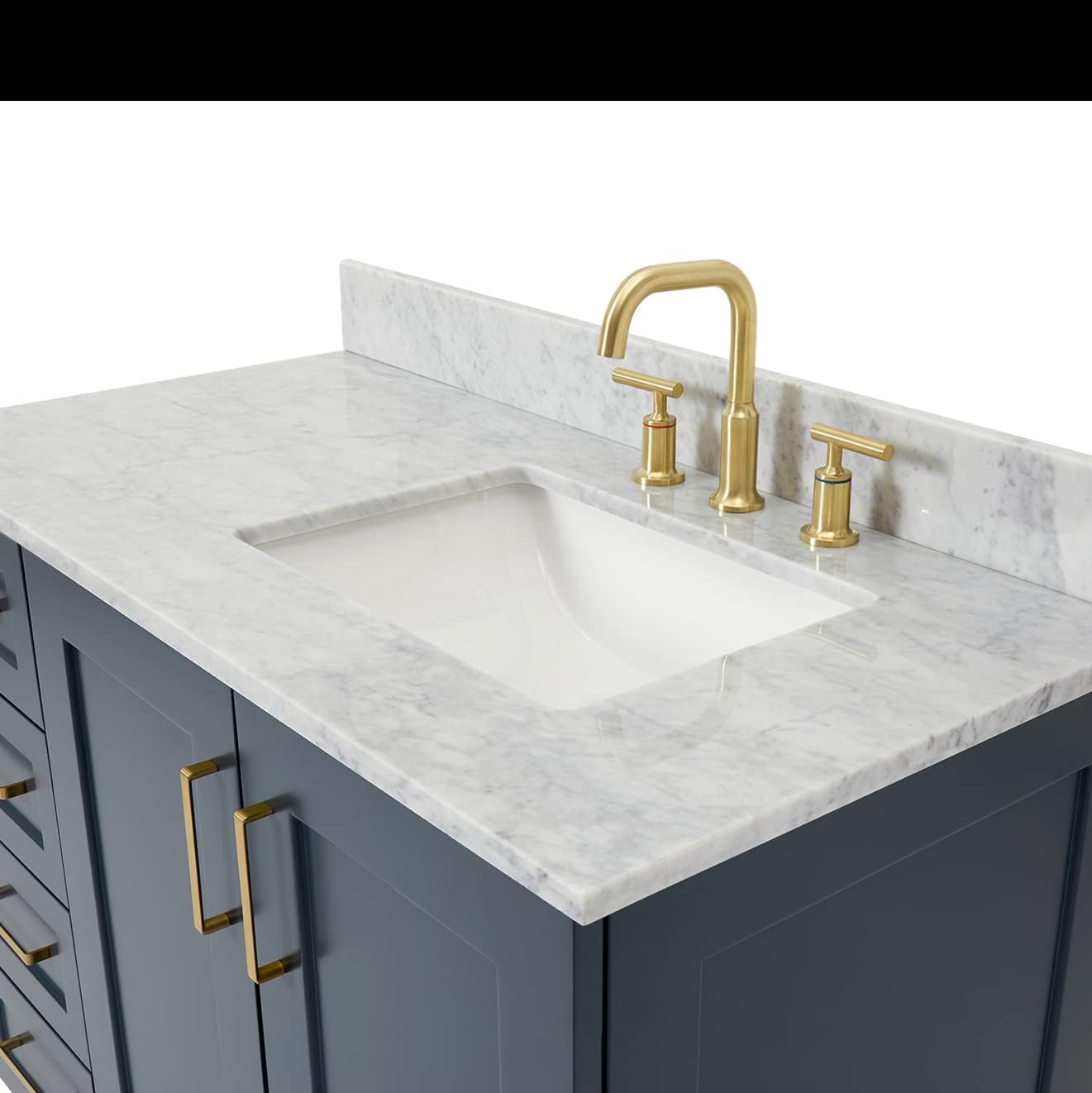 ARIEL Taylor 42-inch Bathroom Vanity with Sink,Solid Wood, 0.75-inch Italian Carrara Marble Countertop, Single Rectangular Porcelain Sink, 2 Soft Closing Doors, 5 Dovetail Drawers, Midnight Blue