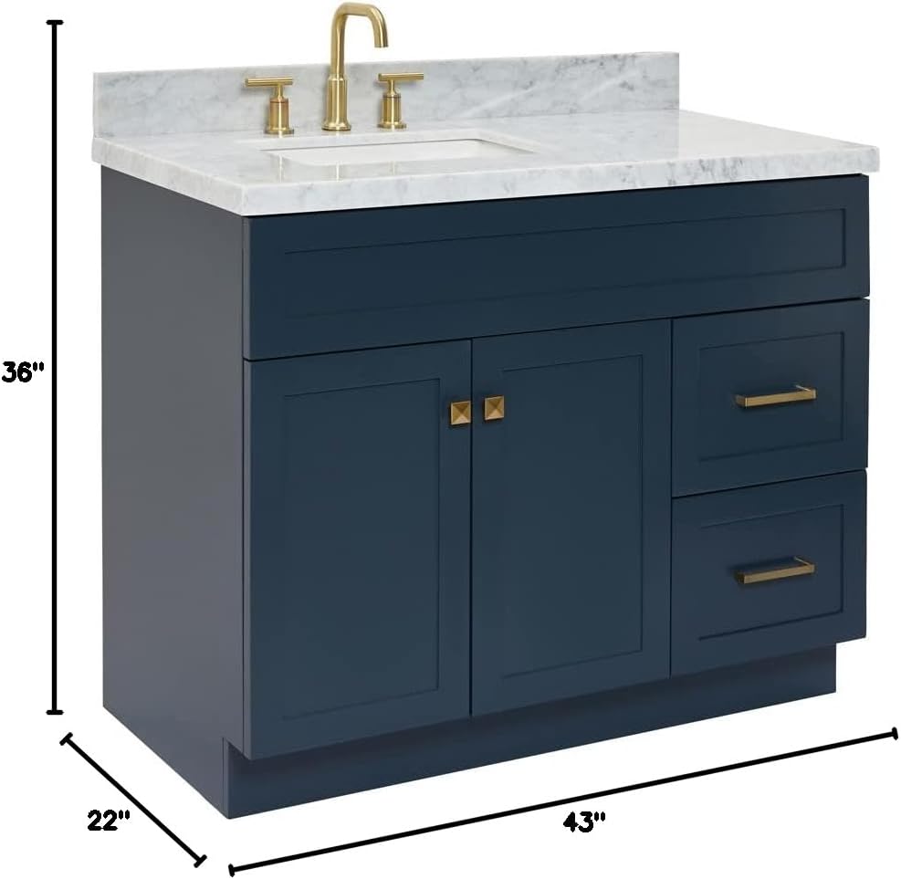 DKB Bradford 42' Midnight Blue Single Bathroom Vanity with Sink, 1.5' Italian Carrara Marble Countertop, Solid Wood, Rectangular Undermount Sink, Soft Closing Doors & Dovetail Drawers, Brushed Nickel