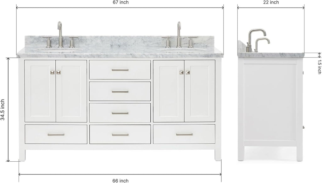 ARIEL Cambridge 66-inch Bathroom Vanity with Sink,Solid Wood, 1.5-inch Italian Carrara Marble Countertop & Backsplash, Double Oval Porcelain Sink, 4 Soft Closing Doors, 6 Dovetail Drawers, White