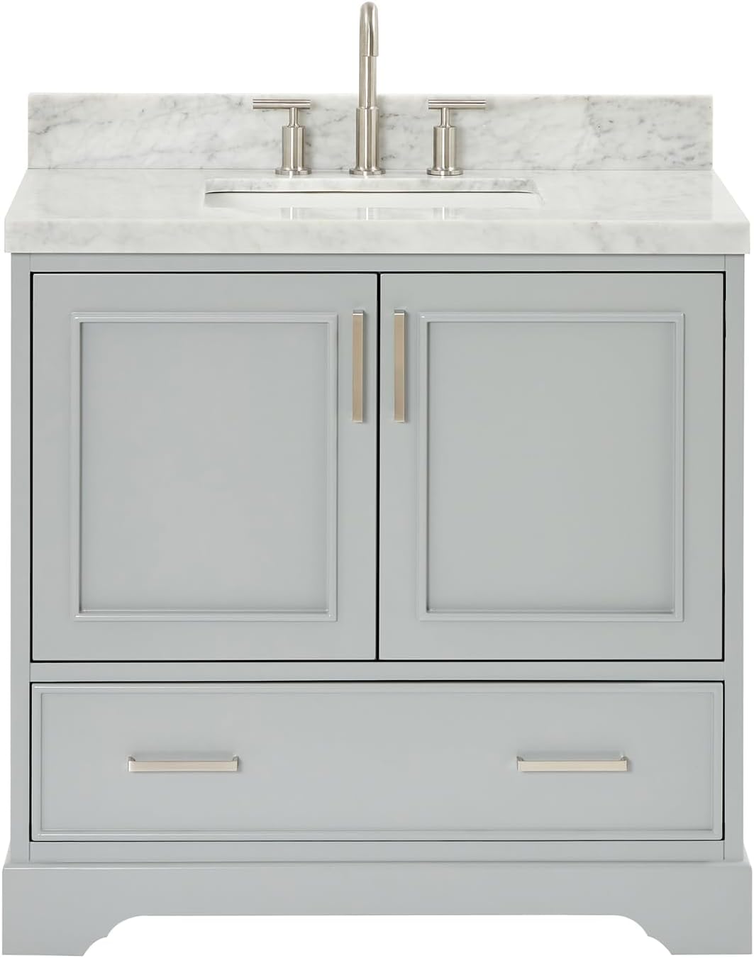 ARIEL Stafford 36-inch Bathroom Vanity with Sink,Solid Wood, 1.5-inch Italian Carrara Marble Countertop, Single Rectangular Porcelain Sink, Soft Closing Doors, Dovetail Drawers, Grey