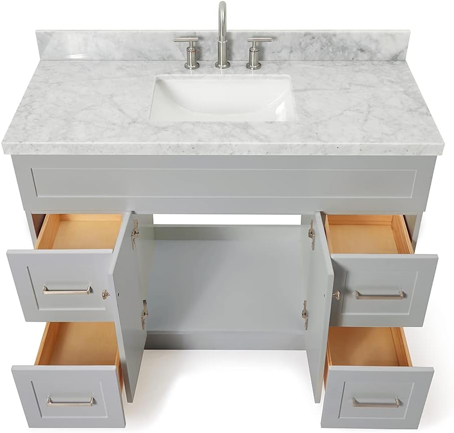 ARIEL Hamlet 48-inch Bathroom Vanity with Sink,Solid Wood, 1.5-inch Italian Carrara Marble Countertop & Backsplash, Single Rectangular Porcelain Sink, 2 Soft Closing Doors, 4 Dovetail Drawers, Grey