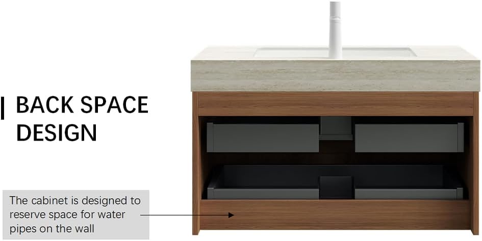 36' Bathroom Vanity with Sink, Modern Bathroom Floating Vanity with Travertine-Pattern Sintered Stone Top & Ceramic Undermount Basin, Pre-Assembled W/2 Drawers, Espresso