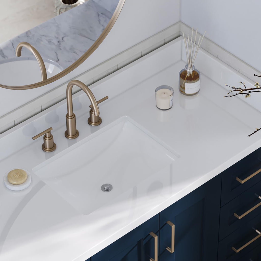 ARIEL Taylor 48-inch Bathroom Vanity with Sink,Solid Wood, 1.5-inch Pure White Quartz Countertop, Single Rectangular Porcelain Sink, 2 Soft Closing Doors, 9 Dovetail Drawers, Midnight Blue