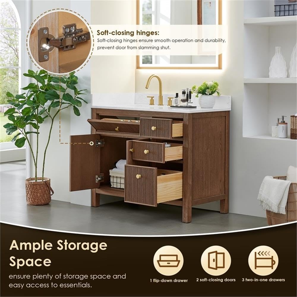 Pemberly Row 42' Bathroom Vanity, Solid Spruce Wood Cabinet, Grain Stone Countertop, Brown Oak Finish, 2 Fluted Doors, 4 Drawers, Ceramic Sink, Brushed Gold Hardware, Contemporary Style