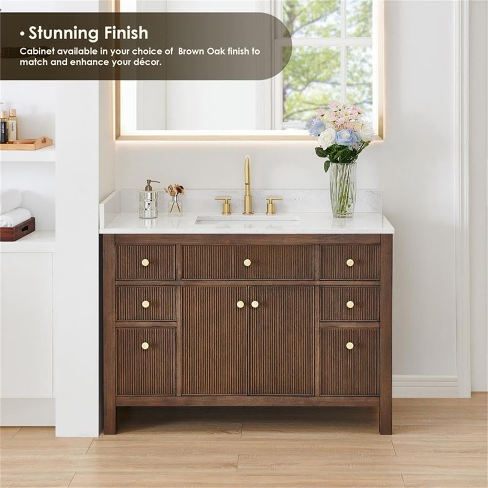 Pemberly Row 48' Wood Bathroom Vanity, Brown Brushed Oak Finish, Grain White Stone Top, Fluted Doors, 7 Drawers, Ceramic Sink, No Mirror Included, Contemporary Style for Bathroom Storage and