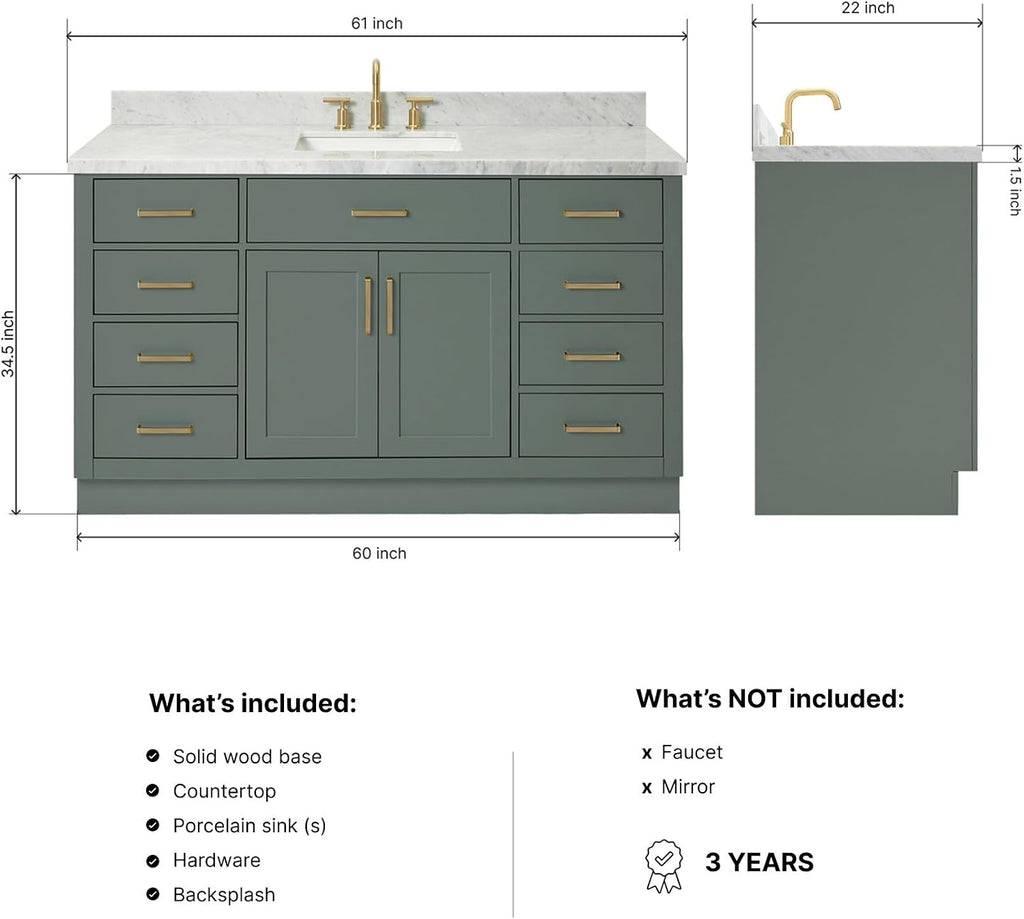ARIEL Hepburn 60-inch Bathroom Vanity with Sink,Solid Wood, 1.5-inch Italian Carrara Marble Countertop, Single Rectangular Porcelain Sink, 2 Soft Closing Doors, 9 Dovetail Drawers, Vintage Green