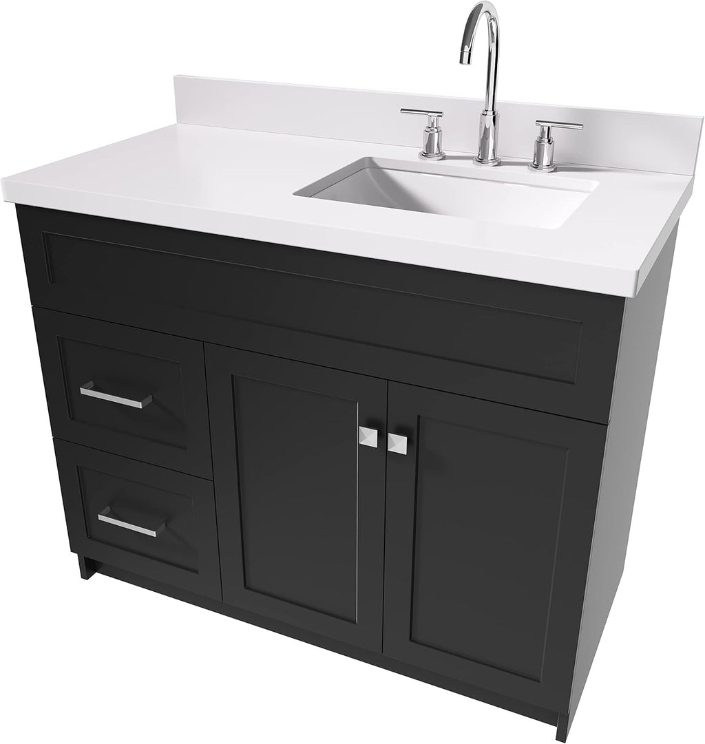 ARIEL 54' White Bathroom Vanity with Sink, 1.5' Thick Pure White Quartz Countertop, Undermount Rectangle Sink, 2 Soft Closing Doors & 4 Full Extension Dovetail Drawers, Satin Nickel