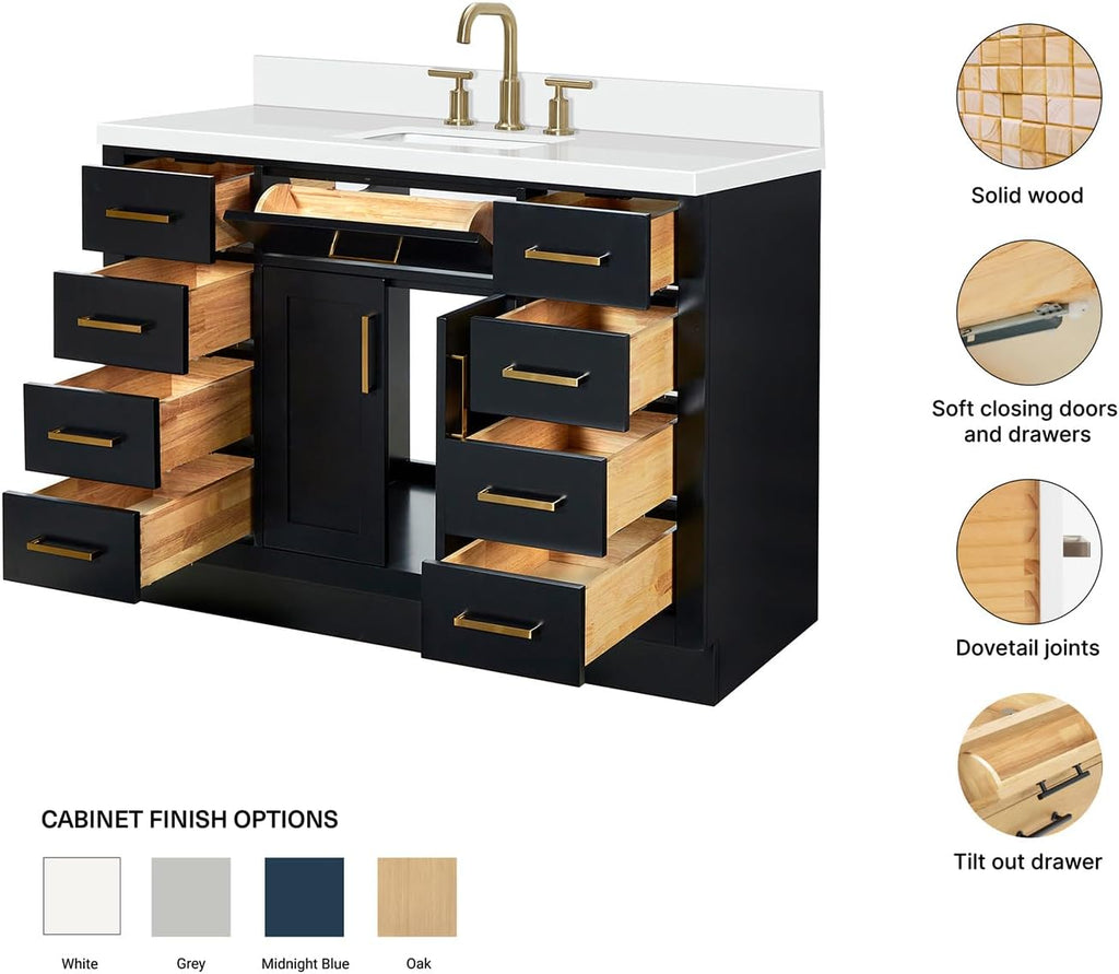 ARIEL Hepburn 48-inch Bathroom Vanity with Sink,Solid Wood, 1.5-inch Pure White Quartz Countertop & Backsplash, Single Rectangular Porcelain Sink, 2 Soft Closing Doors, 9 Dovetail Drawers, Black