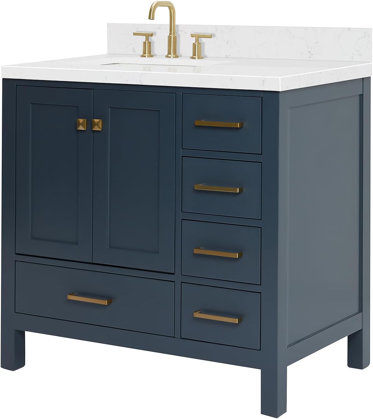 ARIEL Cambridge 36-inch Bathroom Vanity with Sink,Solid Wood, 1.5-inch Carrara White Quartz Countertop, Single Rectangular Porcelain Sink, 2 Soft Closing Doors, 5 Dovetail Drawers, Midnight Blue