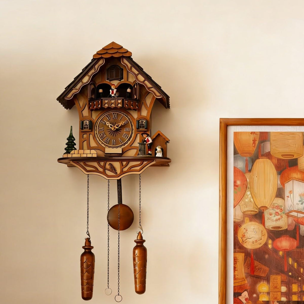 Traditional Black Forest Wooden Cuckoo Clock with Dancing Figures, Handcrafted Wall Clock with Moving Dancers for Dining Room