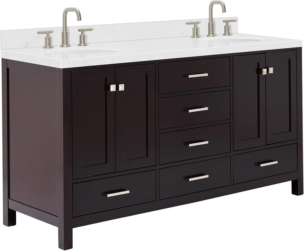 ARIEL Cambridge 66-inch Bathroom Vanity with Sink,Solid Wood, 1.5-inch Carrara White Quartz Countertop & Backsplash, Double Oval Porcelain Sink, 4 Soft Closing Doors, 6 Dovetail Drawers, Espresso