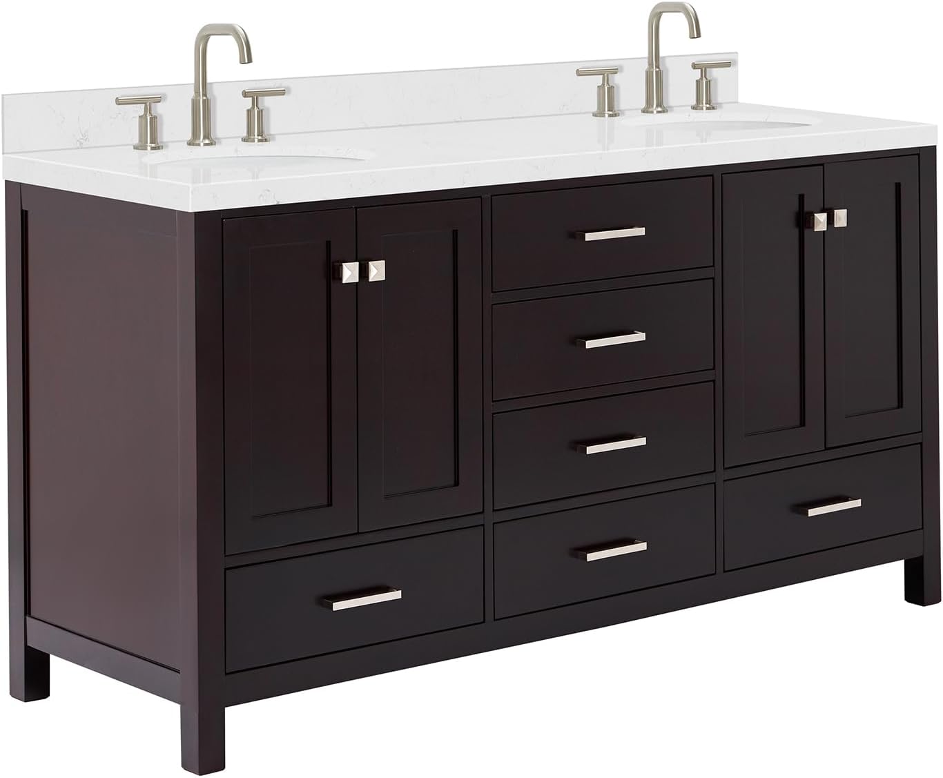 ARIEL Cambridge 66-inch Bathroom Vanity with Sink,Solid Wood, 1.5-inch Carrara White Quartz Countertop & Backsplash, Double Oval Porcelain Sink, 4 Soft Closing Doors, 6 Dovetail Drawers, Espresso