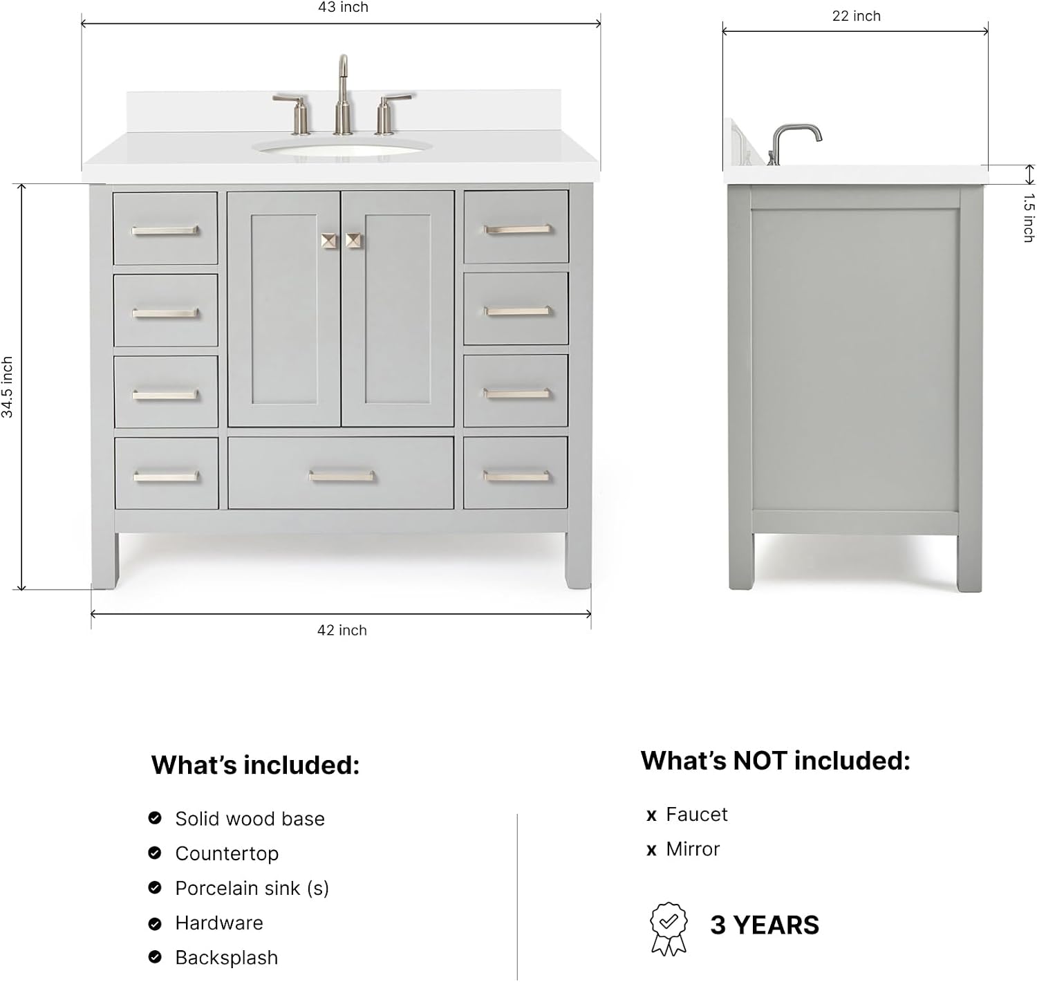 DKB Beckford 42-Inch Gray Bathroom Vanity with Sink, 1.5-Inch Pure White Quartz Countertop & Sidesplash, Oval Undermount Sink, 2 Soft Closing Doors, 9 Full Extension Dovetail Drawers, Satin Nickel