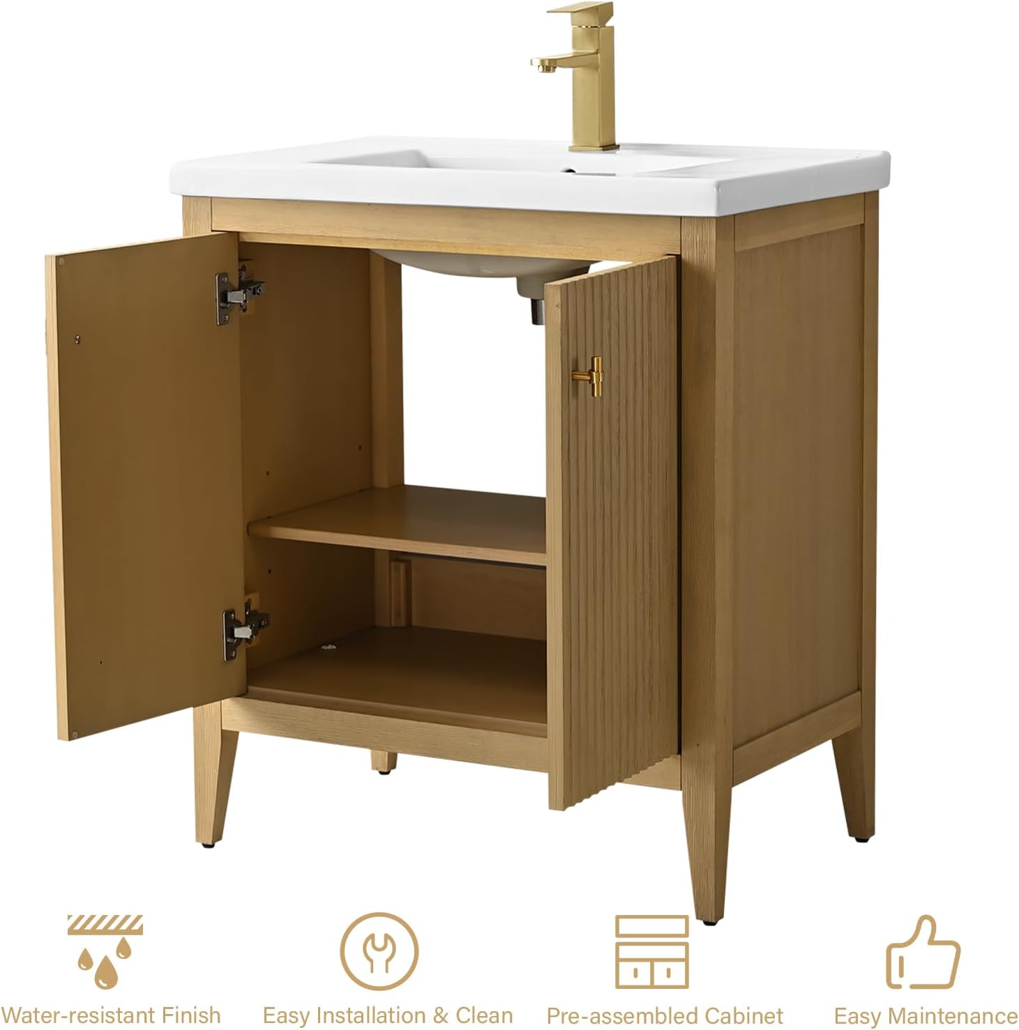 HOMEBEYOND 30' Bathroom Vanity with Ceramic Sink, Solid Wood Free-Standing Vanities Cabinet, Ceramic Top, Golden Brushed Handware & Soft Closing Door, Natural Oak