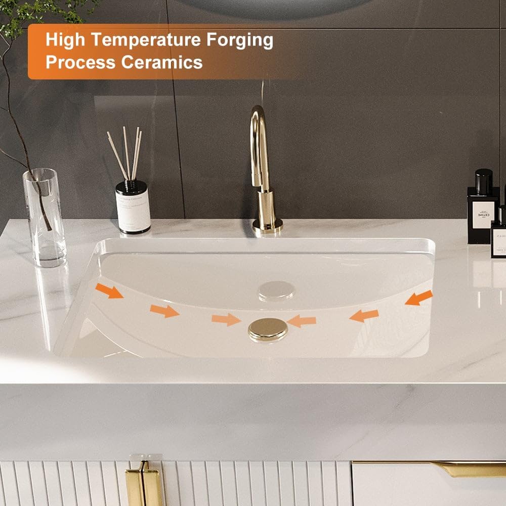 KunMai 59' White Floating Bathroom Vanity with Faux Marble Top, Double Ceramic Vessel Sinks, Wall-Mounted Design, 3 Drawers for Storage, Modern Bathroom Cabinet with Gold Hardware Finish
