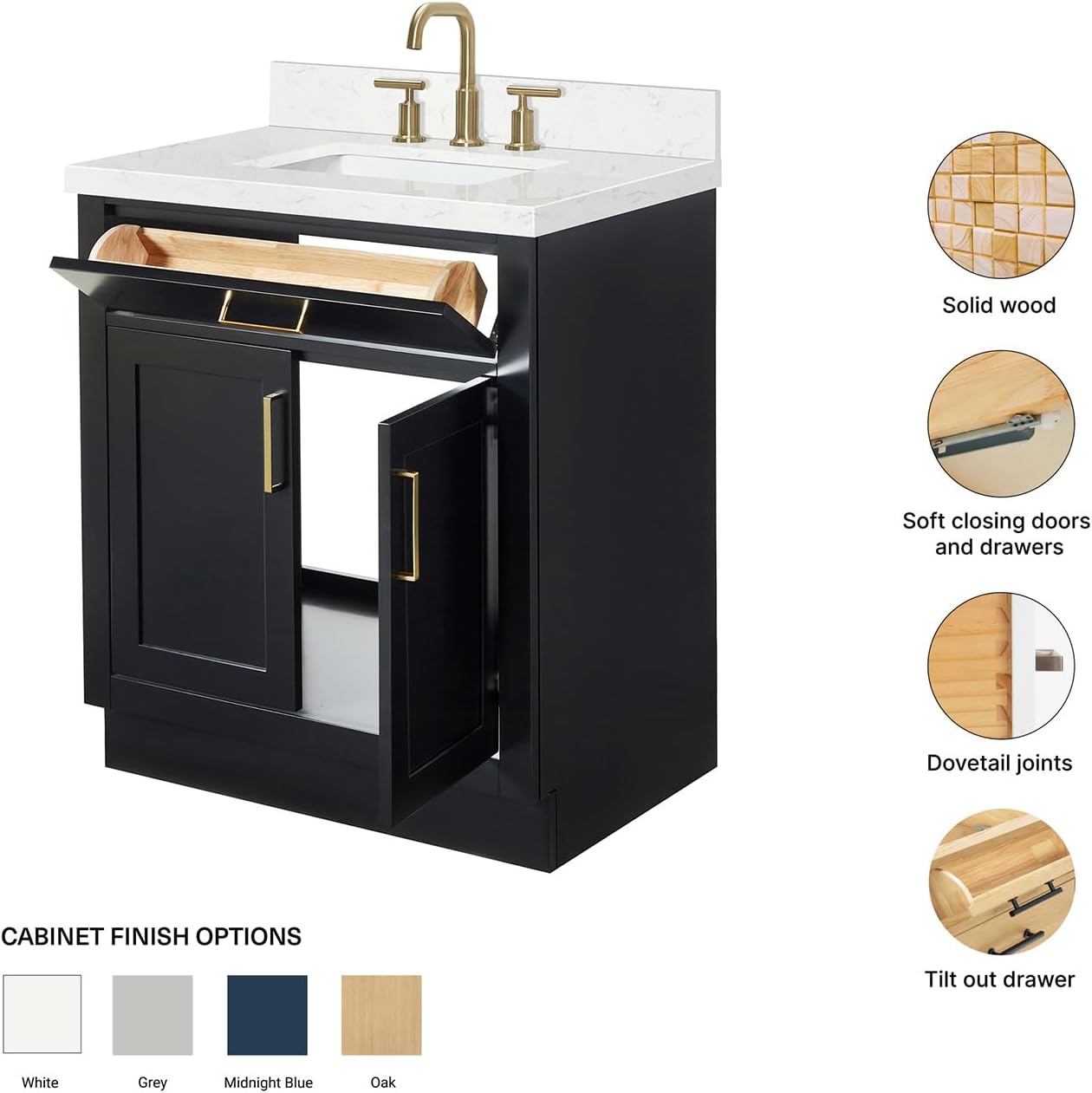 ARIEL Hepburn 30-inch Bathroom Vanity with Sink,Solid Wood, 1.5-inch Carrara White Quartz Countertop & Backsplash, Single Rectangular Porcelain Sink, 2 Soft Closing Doors, 1 Dovetail Drawers, Black