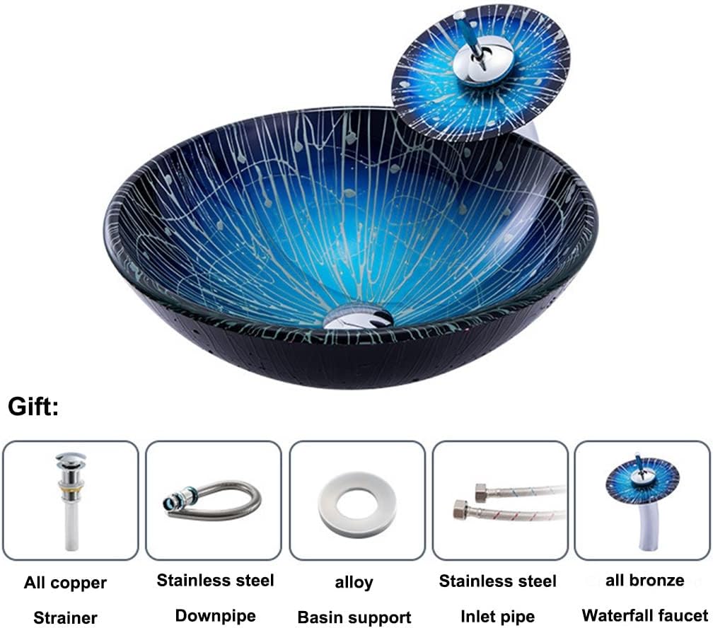 MBROS Tempered Glass Vessel Sink Mediterranean Style Art Wash Basin Counter Top Installation Vanity Sinks with Waterfall Chrome Faucet Combo and Pop Up Sink Drain (Color : Blue, Size : 42x42x14.5c
