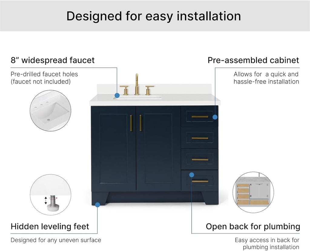 ARIEL Taylor 42-inch Bathroom Vanity with Sink,Solid Wood, 1.5-inch Pure White Quartz Countertop, Single Rectangular Porcelain Sink, 2 Soft Closing Doors, 5 Dovetail Drawers, Midnight Blue