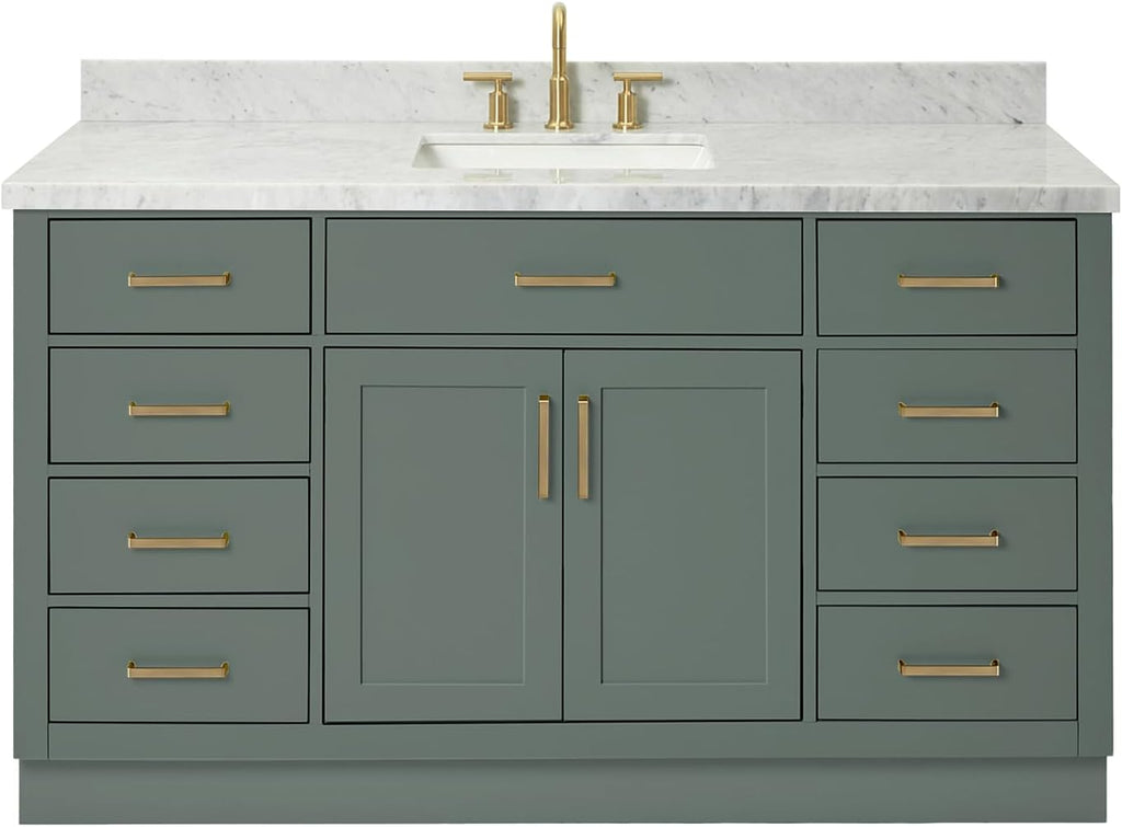 ARIEL Hepburn 60-inch Bathroom Vanity with Sink,Solid Wood, 1.5-inch Italian Carrara Marble Countertop, Single Rectangular Porcelain Sink, 2 Soft Closing Doors, 9 Dovetail Drawers, Vintage Green