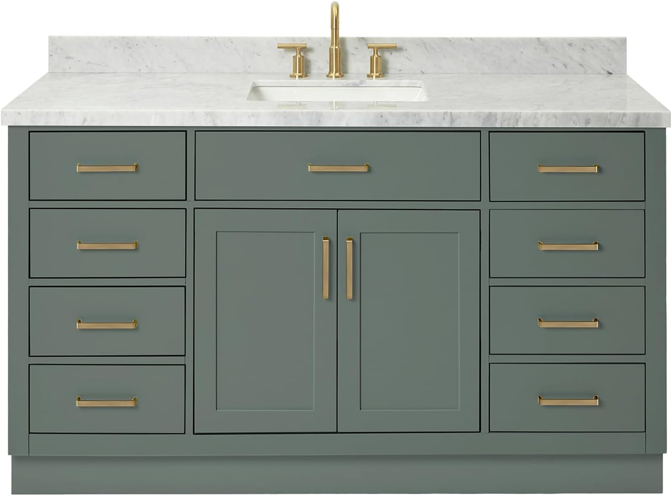 ARIEL Hepburn 60-inch Bathroom Vanity with Sink,Solid Wood, 1.5-inch Italian Carrara Marble Countertop, Single Rectangular Porcelain Sink, 2 Soft Closing Doors, 9 Dovetail Drawers, Vintage Green
