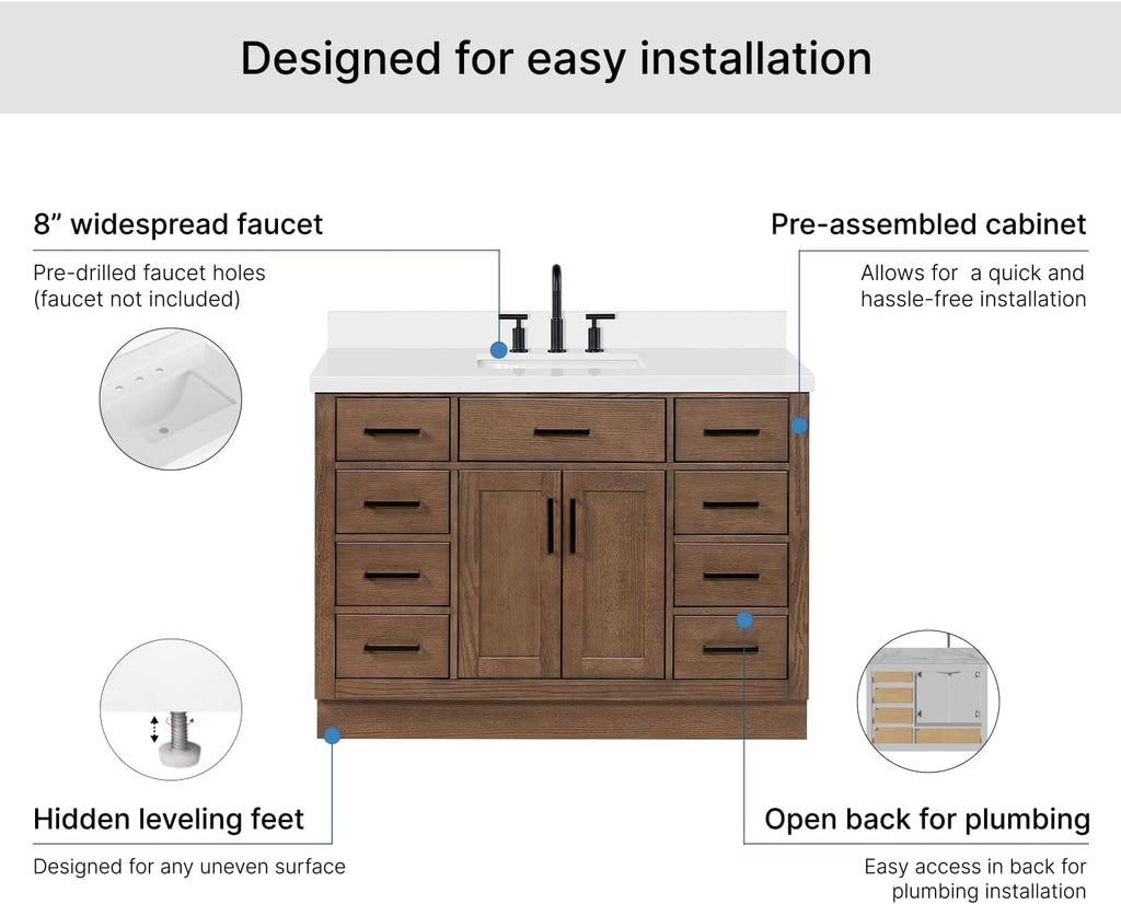 ARIEL Hepburn 48-inch Bathroom Vanity with Sink,Solid Wood, 1.5-inch Pure White Quartz Countertop, Single Rectangular Porcelain Sink, 2 Soft Closing Doors, 9 Dovetail Drawers, Brown Oak
