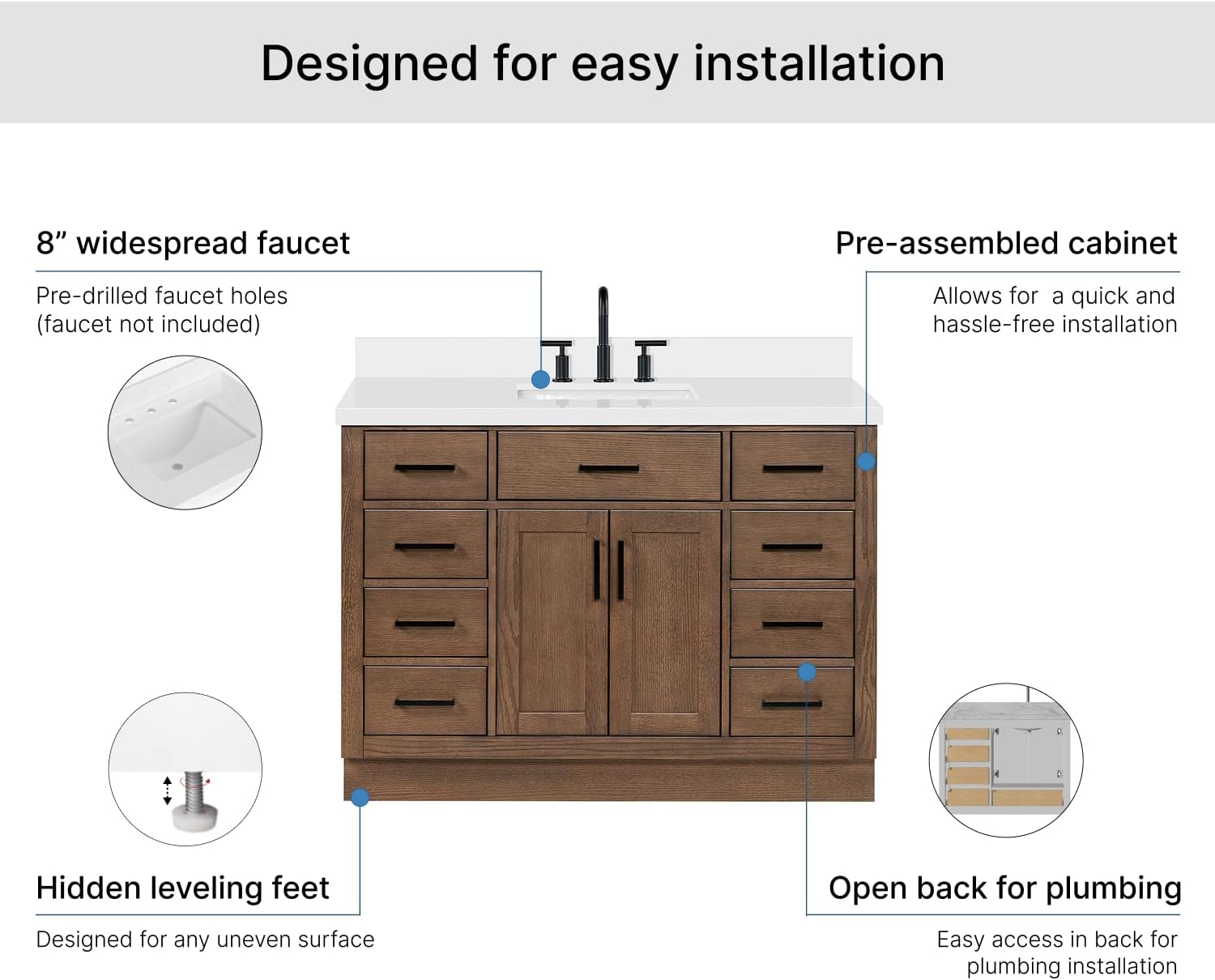 ARIEL Hepburn 48-inch Bathroom Vanity with Sink,Solid Wood, 1.5-inch Pure White Quartz Countertop, Single Rectangular Porcelain Sink, 2 Soft Closing Doors, 9 Dovetail Drawers, Brown Oak